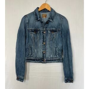 American Eagle Distressed Denim Trucker Jacket Womens Size Small Medium Wash